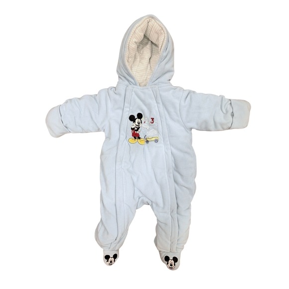 Disney Baby Infant Blue Mickey Mouse Snowsuit Pajama Poly Cotton Size 3-6 - Picture 1 of 7